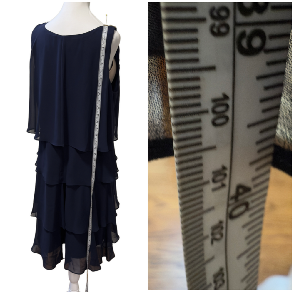 SLNY Tulip Tiered Chiffon Dress Rhinestone Shoulder Gatsby Cocktail Navy Plus 18 - Picture 5 of 12